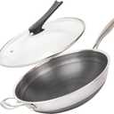 CATHYLIN 13'' 316L Stainless Steel Stir-fry Wok with Lid,Non Stick Skillet with Stay-cool Handle PFOA Free Suitable for Induction, Ceramic, Electric, and Gas Cooktops