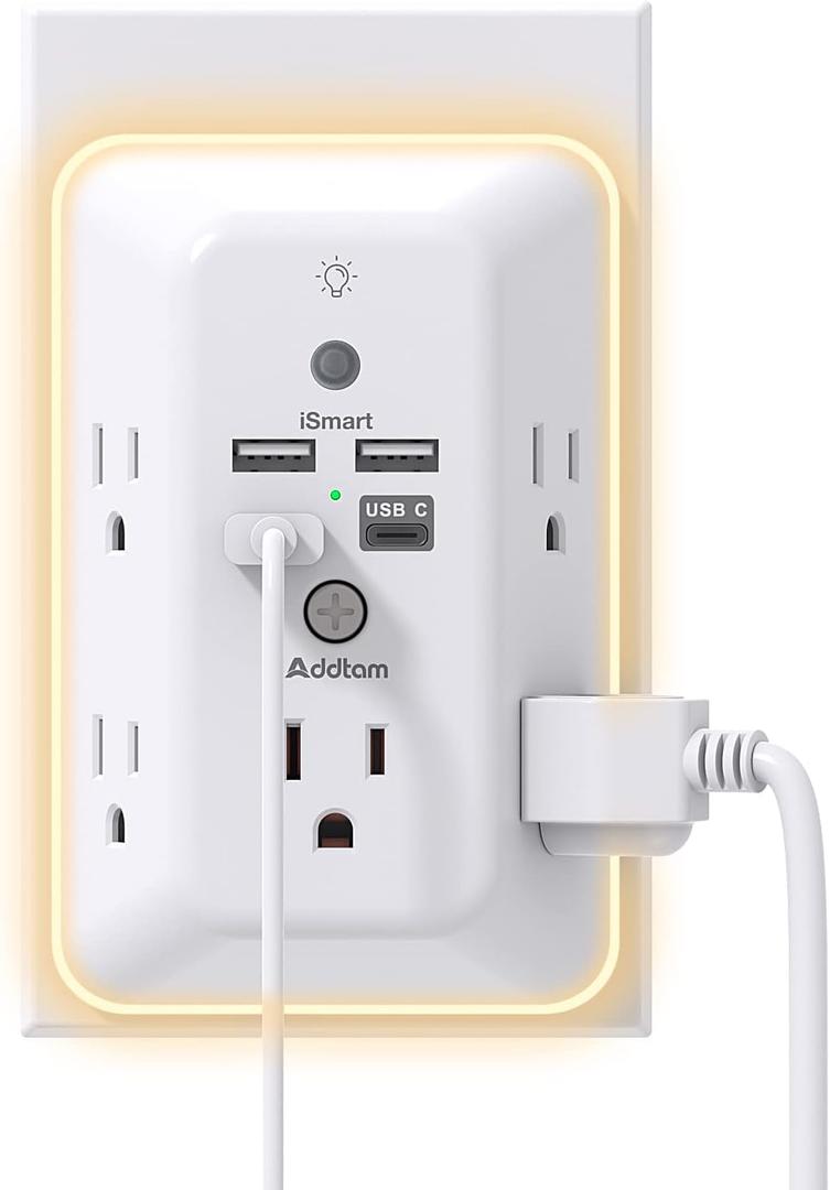 Surge Protector, Outlet Extender with Night Light, Addtam 5-Outlet Splitter and 4 USB Ports(1 USB C), Multi Plug Wall Outlet for Home Office Dorm Room Essentials (1C3A, White)