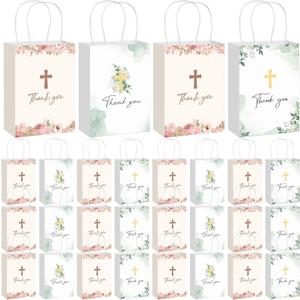 Spiareal 24 Pcs First Communion Party Favors Baptism Gift Bags 8.3" Christian Thank You Paper Bags with Handles Church Cross Goodie Bag Bulk for First Communion Religious Baby Shower Party Favors