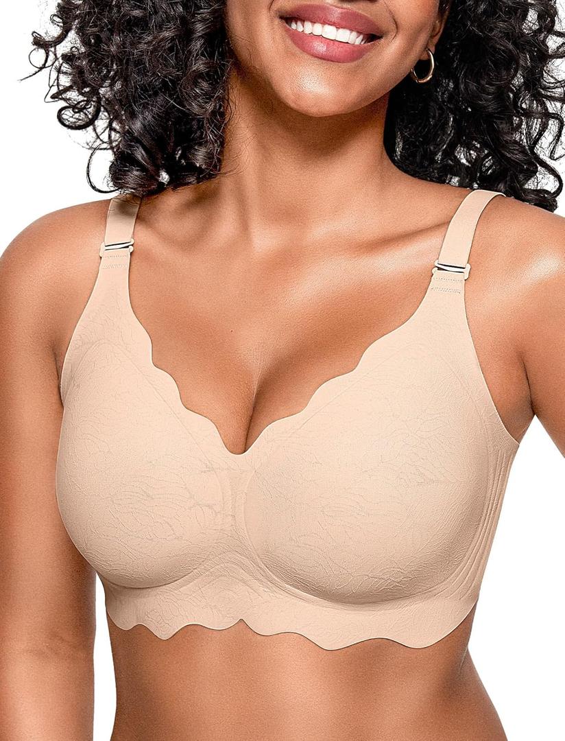 OEAK Women Bras No Underwire Scalloped Push Up Buttery Soft Tshirt Bra Seamless Full Coverage Convertible Everyday Bra (X-Large, Jacquard Nude)