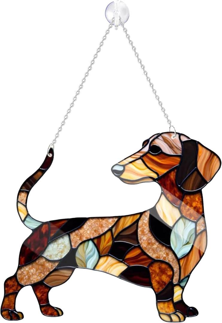 Dachshund Window Hanging Decor Suncatcher, Stain Acrylic Window Ornament, Animal Memorial Gifts, Handcrafted Sun Catchers Decor for Indoor Outdoor Garden (S 5.9 * 5.1 in)