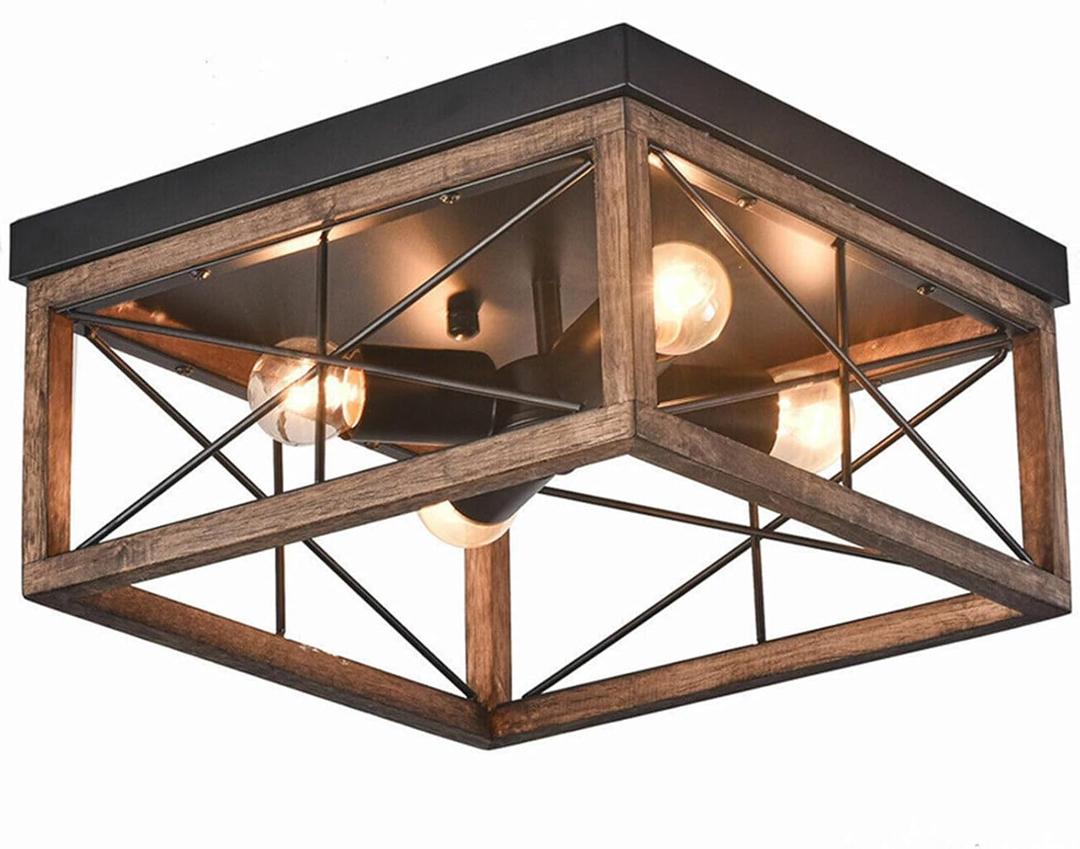 4 Lights Retro Farmhouse Pendant Light, Rustic Style Wood Frame Chandelier Lamp, Industrial Vintage Indoors Lighting Fixture for House Restaurant Cafe Bar (12.2" x 12.2" x 6.2" - Cages B)