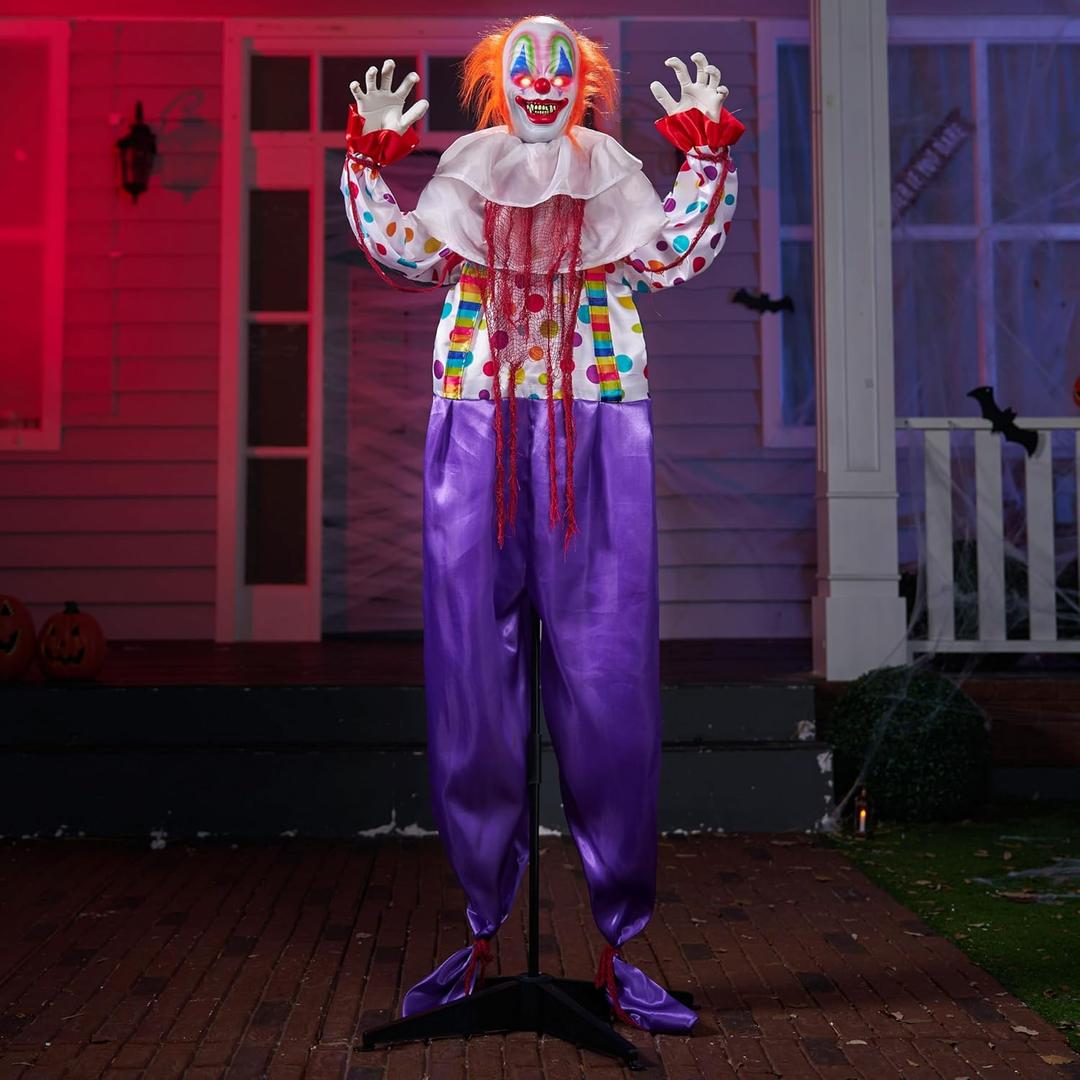 JOYIN 67" Halloween Clown Decorations Outdoor Scary Animatronic Standing Talking Purple Ghost with Motion and Light, Sound Activated Giant Decor for Indoor Haunted House Party Props.