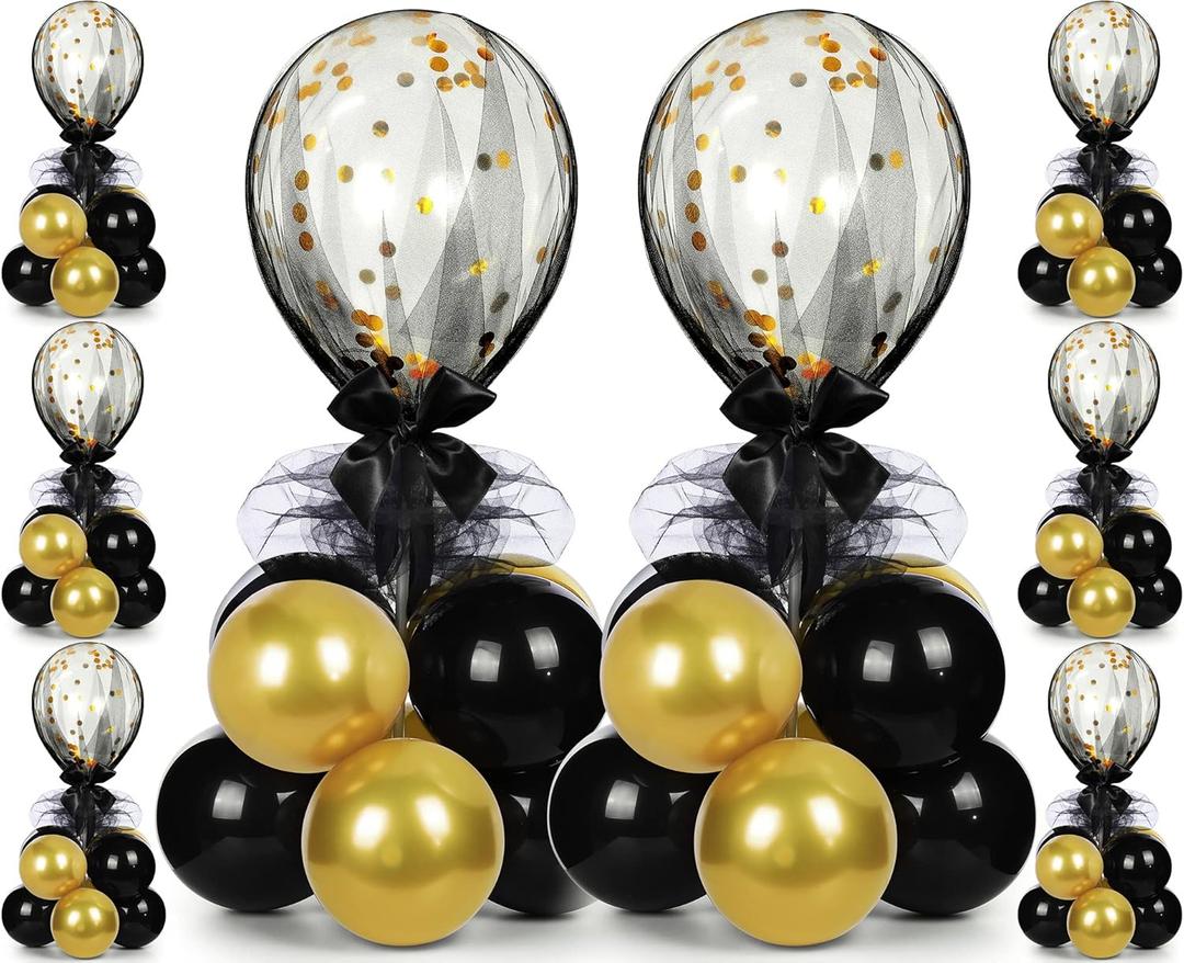 BBTO 8 Set Gold Black Table Centerpieces Balloons Stand Kit, Latex Balloons and Table Stand Holder with Base Tulle for Wedding Birthday Mother's Day Baby Shower Party