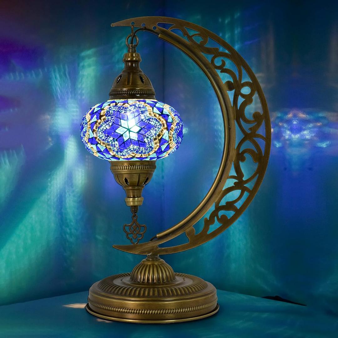 mozaist Moroccan Mosaic Crescent Shape Table Lamp, Turkish Moon Tiffany Style Handmade Desk Dim Light, Farmhouse Living Room Luna Lighting, Unique Turkish Gift with E12 Socket & US Plug (Sea Blue)