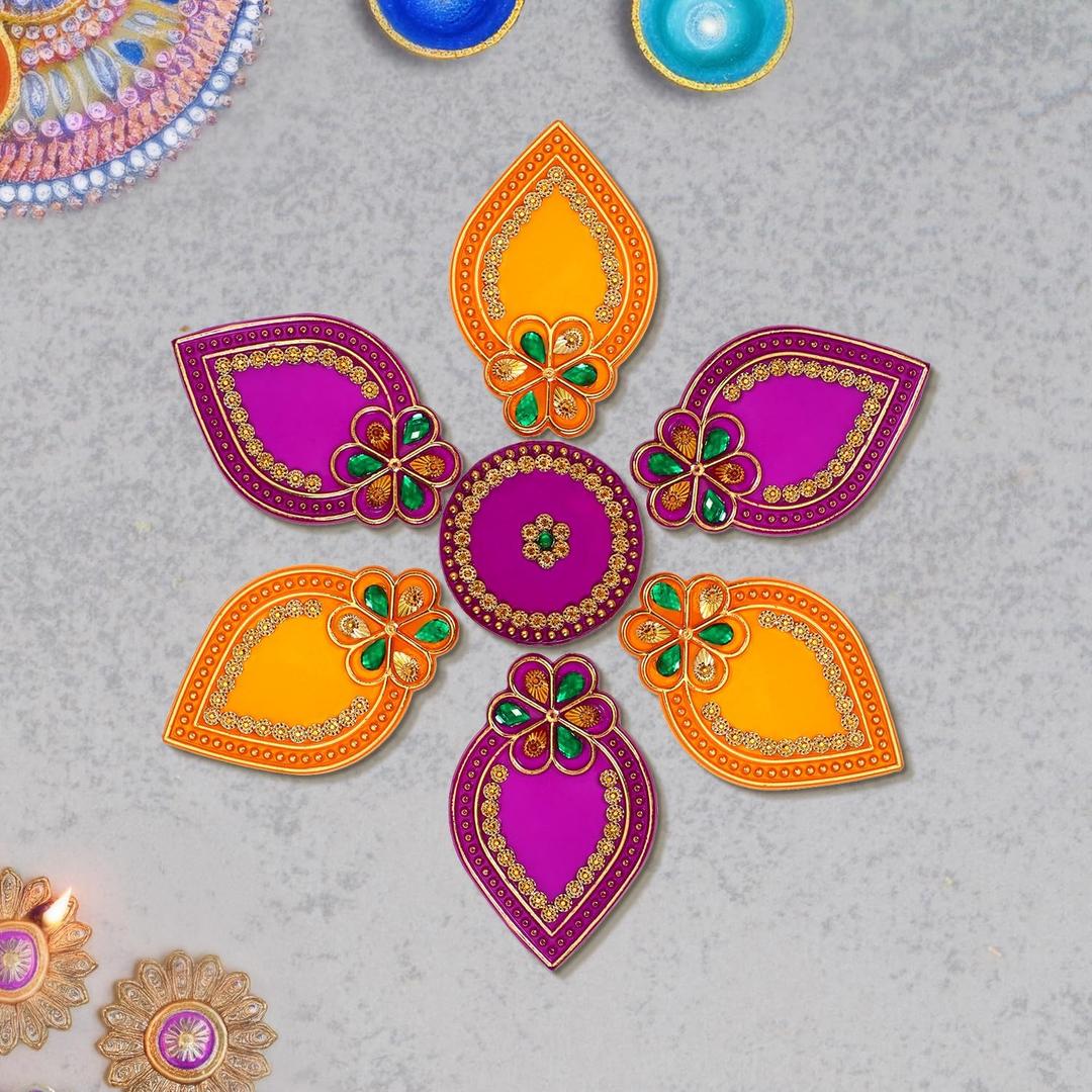 Acrylic Deepak Diwali Rangoli with Laxmi Charan Pagla | Diwali Floor Decorations Table Decoration Studded Stones Sequins Traditional Festive Home Door Décor (Design1)