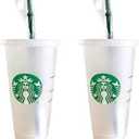 2 x Starbucks 2 Pack Bundle - Reusable Frosted 24 oz Cold Cups with Lid and Green Straw w/Stopper