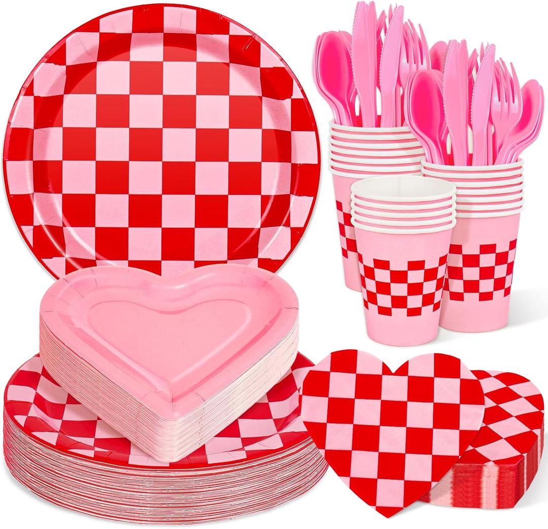 FYSUIMU 175 Pcs Valentine's Day Party Supplies Kit Tableware Set Red Pink Heart Shaped Plaid Disposable Dinnerware Paper Napkin Plate Cup Spoon Fork Knife for 25 Guest Wedding Party Favor