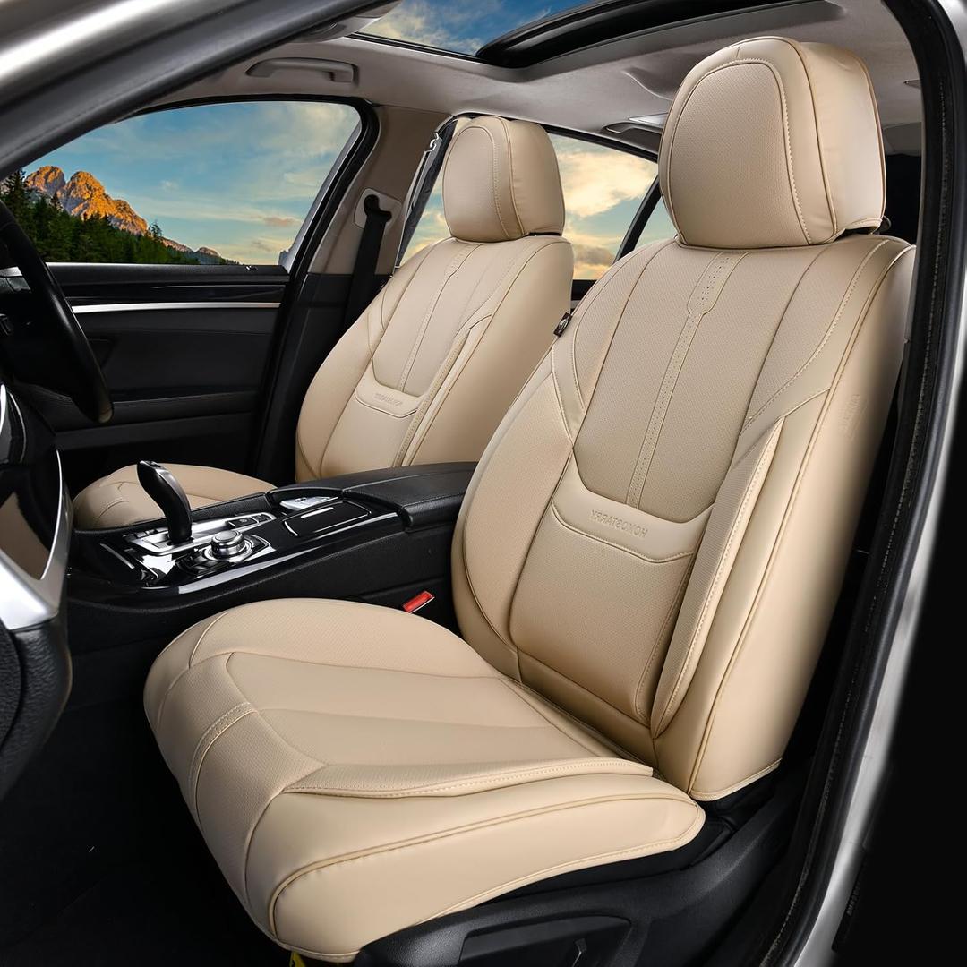 Car Seat Covers, Nappa Leather Car Seat Covers, Waterproof Automotive Seat Covers with Airbag Compatible, Universal Car Seat Protector Fit for Most SUV Sedans Trucks (Beige, Front)
