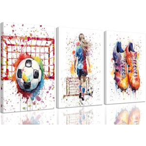 3Pcs Girl Graffiti Soccer Canvas Wall Art Colorful Sneakers Posters Prints Wall Decor Pictures Sports Theme Football Paintings for Bedroom Girls Room Teen Kids Playroom Artwork Home Decoration (16x24in)