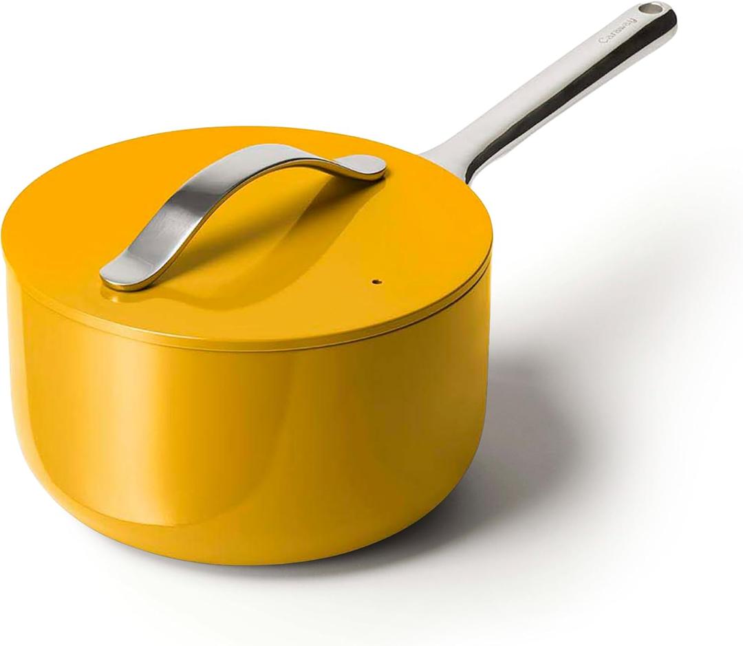 Caraway Nonstick Ceramic Sauce Pan with Lid (3 qt) - Non Toxic, PTFE & PFOA Free - Oven Safe & Compatible with All Stovetops (Gas, Electric & Induction) - Marigold