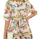 PRETTYGARDEN Womens Rompers for Summer 2025 Beach Vacation Clothes Short Sleeves Floral Jumpsuits Beach Cover Up(White+Blue leaf,Medium)