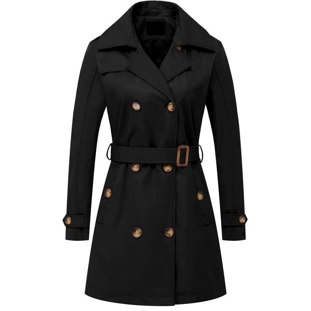 Chrisuno Coats for Women Women's Trench, Rain & Anoraks Double-Breasted Trench Coat Classic Lapel Overcoat Slim Outerwear Waterproof with Belt Buckle Black Padding Lined 3XL