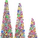 MACTING 3PCS Pop up Christmas Tree with Lights Timer 3FT&4FT&5FT Collapsible Tinsel Pencil Tree Easy-Assembly Coastal Glitter Artificial Tree for Porch Apartment Corner Home Xmas Decor,Silver Mix
