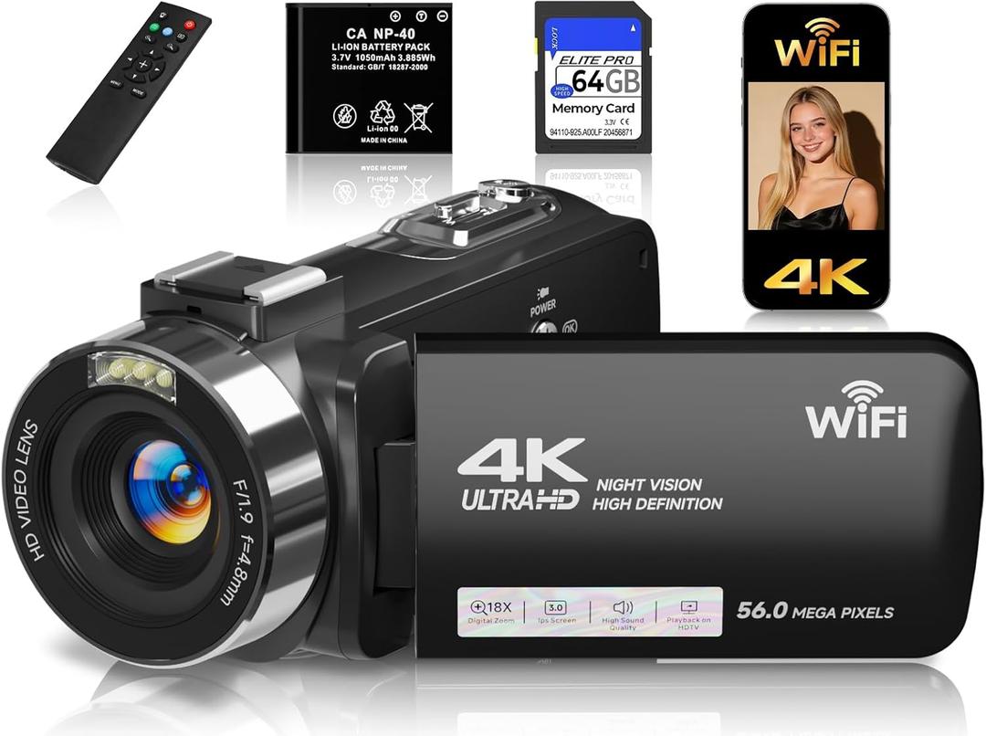 Camcorder,FHD 4K Video Camera,56 MP WiFi Vlogging Cameras for YouTube with IR Night Vision,18X Digital Zoom 3.0''Touch Screen Digital Camera with 64GB Card,Remote Control,Webcam and Battery,Black