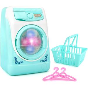 deAO Washing Machine Toy for Kids Dollhouse Furniture Pretend Play Household Appliance Realistic Sounds with Lights Laundry Play Set with Rotatable Roller for Boys Girls