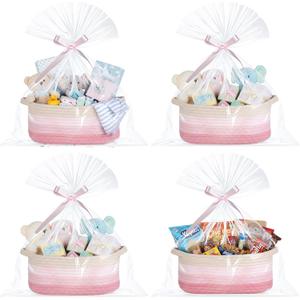 Weysat 4 Pack Christmas Empty Pink Gift Baskets Small Woven Cotton Rope Baskets with Gift Bags Ribbons and Handles, 12" x 8" x 5" Cute Storage Box for Birthday Nursery Toy Treat Wrap Organizer