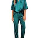 Ekouaer Satin Pajama Set Womens Silk Short Sleeve V Neck Shirt with Long Pant Soft Loungewear Pjs Set
Size M