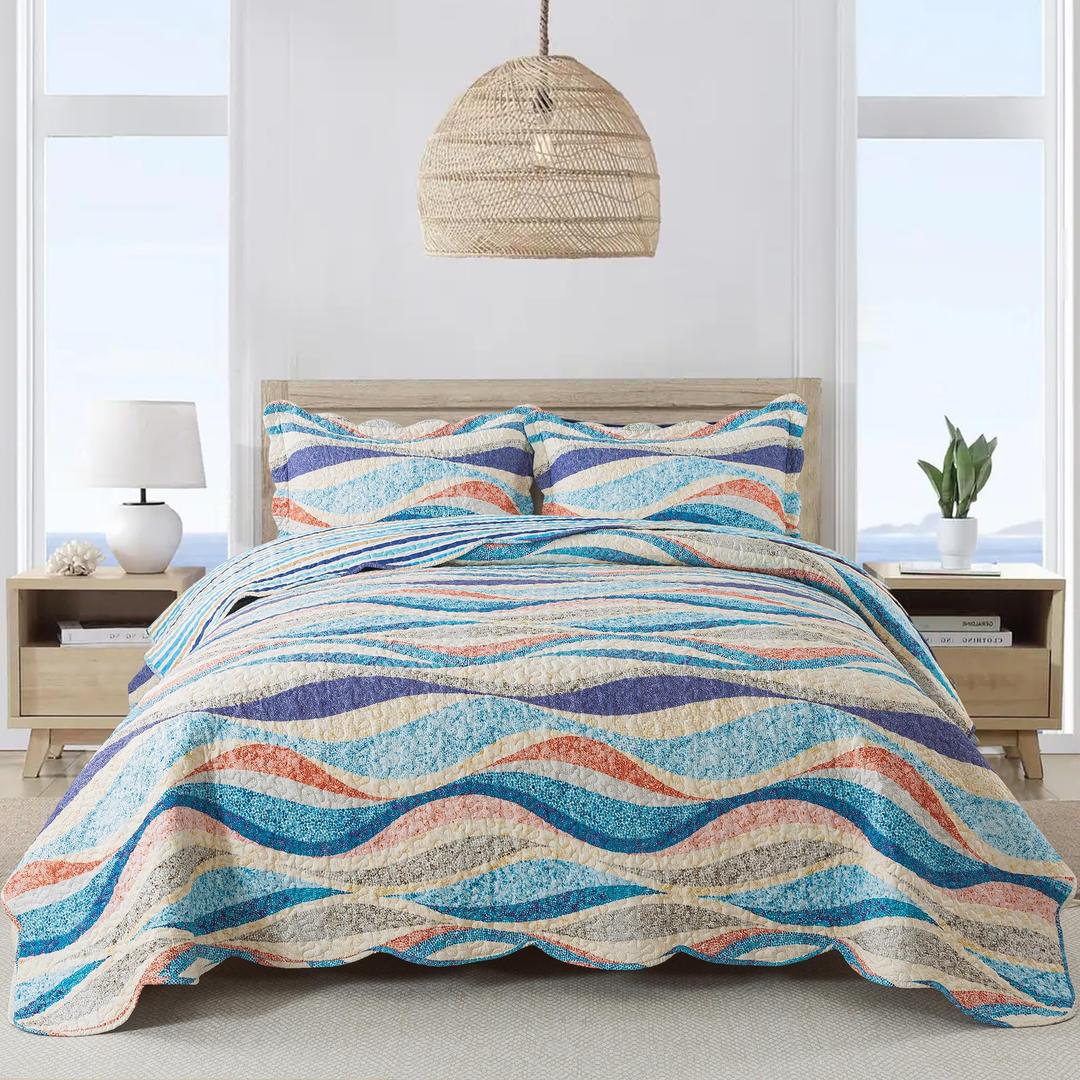 NEWLAKE Quilt Bedspread Sets - West Coastal Pattern Reversible Coverlet Set, King Size