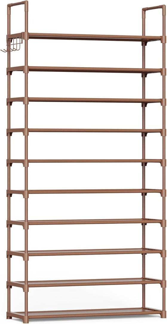 Kitsure Shoe Rack for Closet - 10-Tier Shoe Organizer with Hook Rack, Large-Capacity & Space-Saving Shoe Shelf for Entryway, Bedroom, Living Room,32.2" x 11.8" x 68.5", Brown