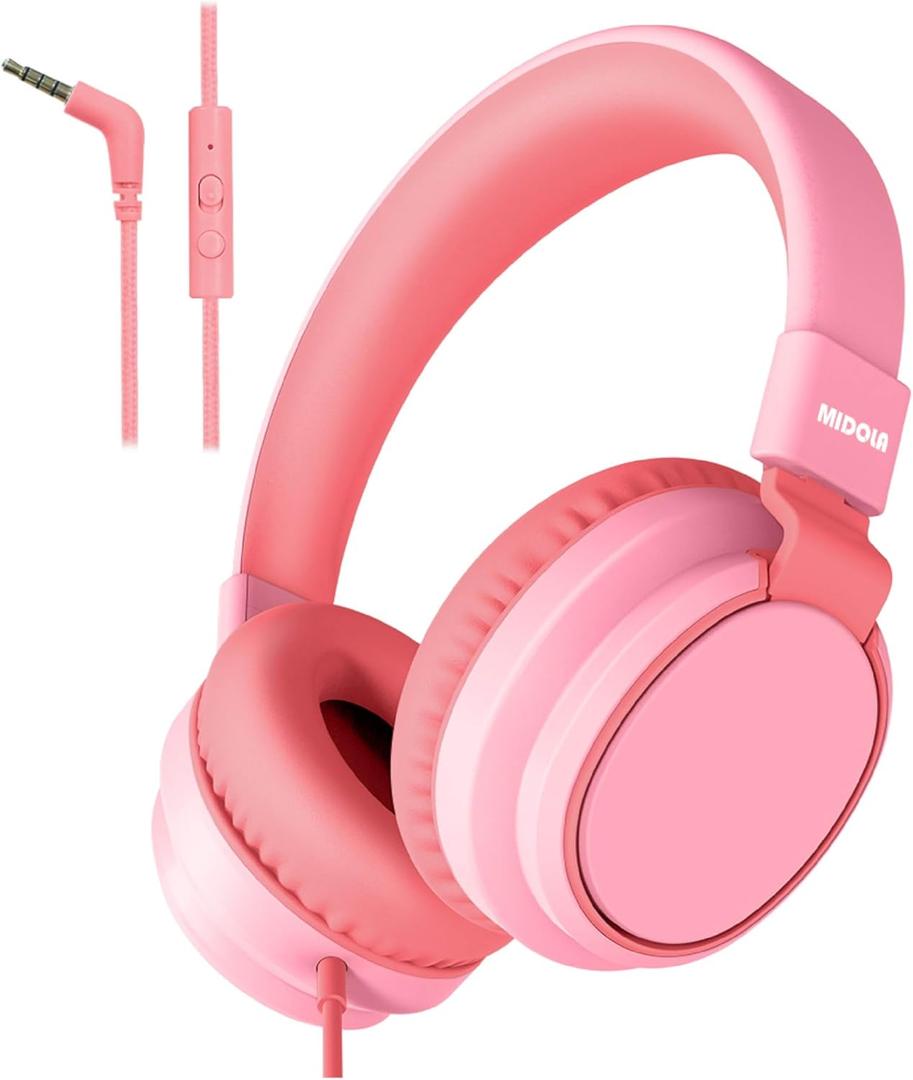 MIDOLA Kids Headphone Wired Volume Limited 85/94dB Over-Ear/On-Ear Foldable Headset with Microphone Hearing Protection Headphones for Toddler Boy Girl Child School Learning Pad Tablet Pink