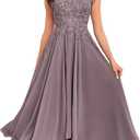 Tea Length Mother of The Bride Dresses for Women Wedding Cap Sleeves Lace Foral Formal Dress with Pockets Size XL