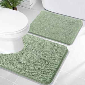 OLANLY Bathroom Rugs Sets 2 Piece, Soft Absorbent Chenille Bath Mats and U-Shaped Contour Toilet Mat Area Rug Set, Machine Washable Bath Carpet, Home Decor Accessories(24"x16"+24"x20", Sage Green)