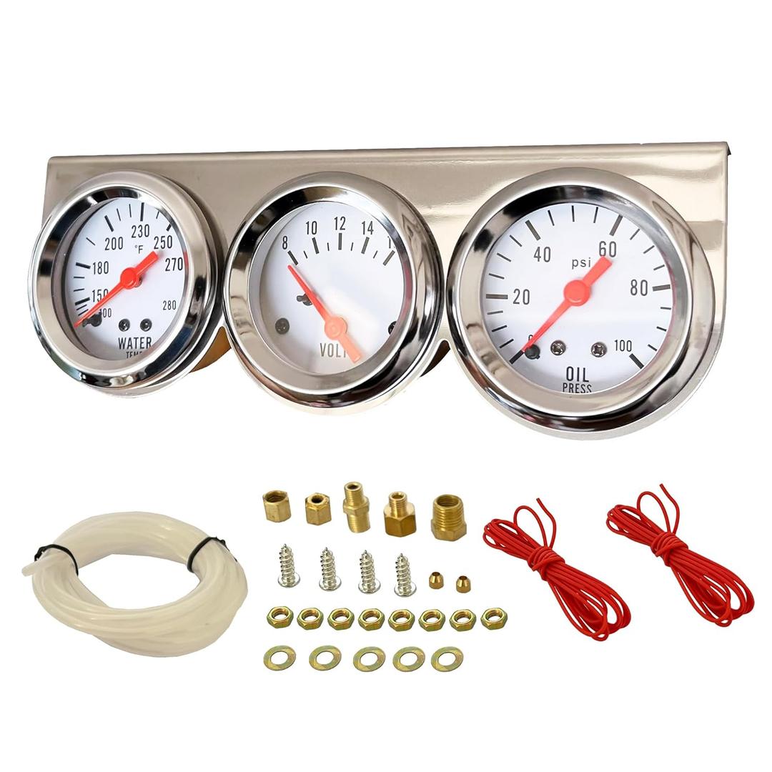 252mm 3 in 1 Triple Gauge kit Volt Meter Water Temp Temperature Gauge Oil Press Pressure Gauge