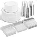 WELLIFE 600 Pcs Sliver Disposable Dinnerware for 100 Guests, Dinnerware Set of 100 Dinner Plates, 100 Salad Plates, 100 Spoons, 100 Forks, 100 Knives, 100 Cups