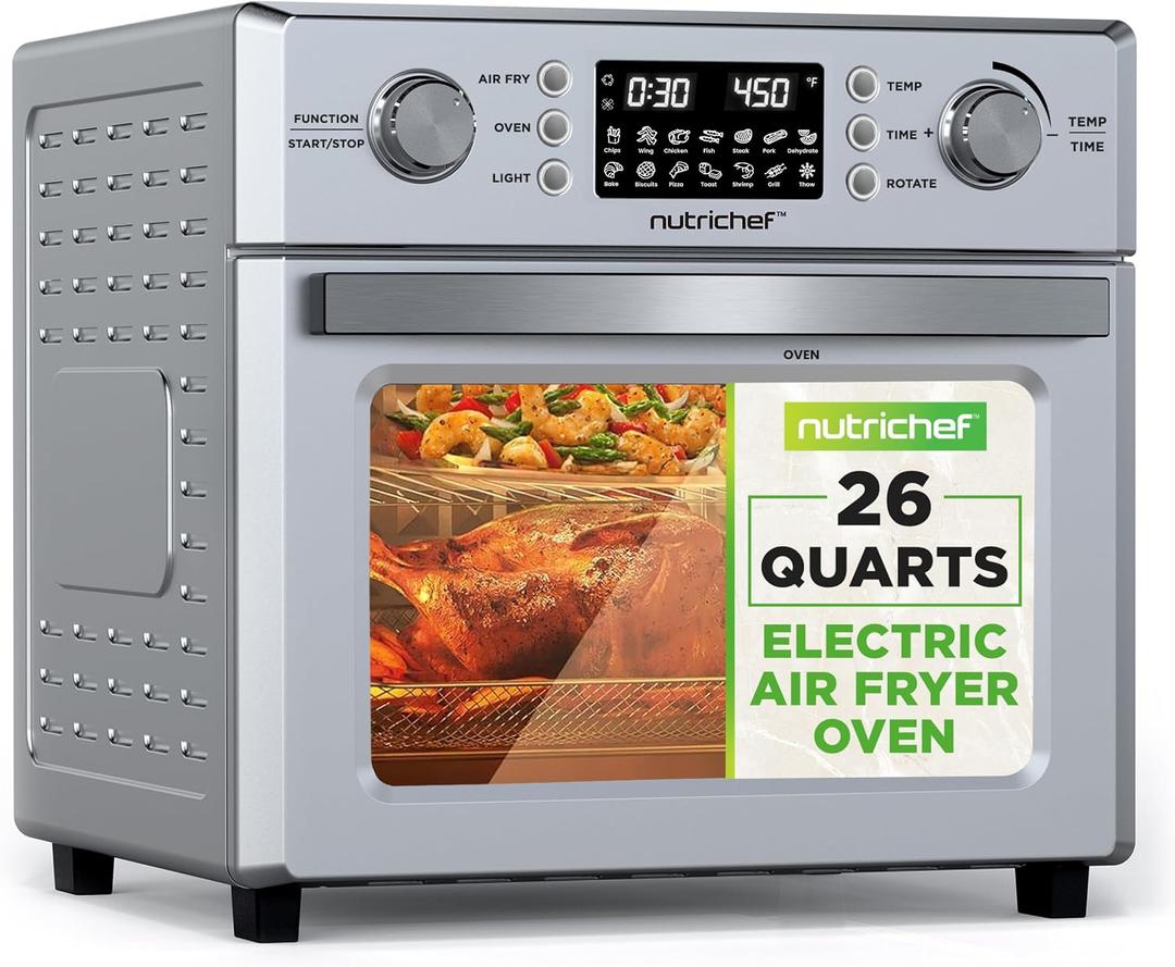 NutriChef 26L Electric Air Fryer Oven | 1700W Countertop Rotisserie & Air Fryer | 360° Rotating Feature | 10 Menu Presets | Includes Drip Tray, Air Frying Basket & Bake Rack 15x16x14 | Stainless Steel, One Size