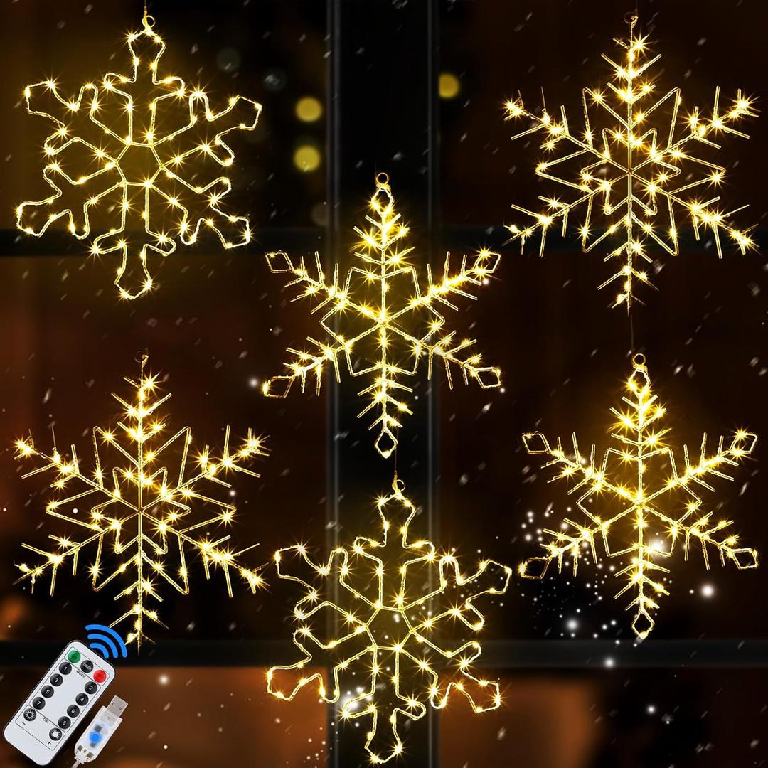6 Pack 13 in Christmas Snowflake Window Lights Decorations Warm White Hanging Snowflakes Silhouette Light with Remote Control Timer USB Powered Lighted Window Decoration for Home Xmas Tree
