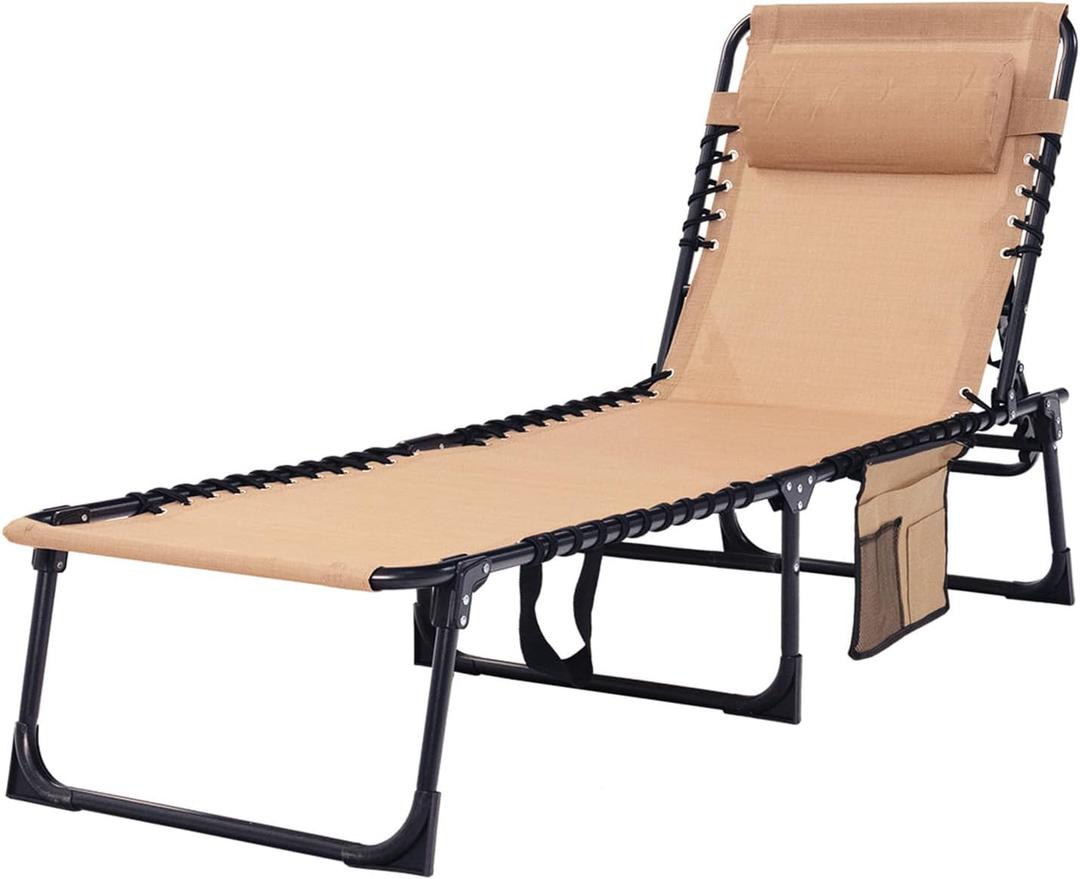 Folding Chaise Lounge Chair Bed - Heavy-Duty 400lb Capacity Portable Adjustable Recliner w/Pillow for Patio, Pool, Camping, Sunbathing - Lay Flat Design (Beige) (1)