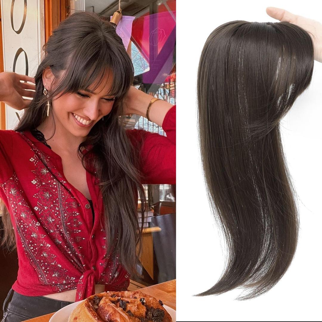 18 inch Hair Topper for Women with Bangs 3D 360 Cover Fluffy Toppers Synthetic Thinning Long Straight Hair Pieces for Women Clip in Bangs with Topper Chestnut Brown
