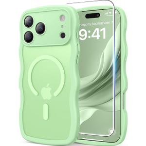 Magnetic for iPhone 17 Pro Max Case, Cute Wavy [Full Camera Protection][Fit for MagSafe]1X Screen Protector+1X Wrist Strap, Trendy Matte Women Girly Case for iPhone 17 Pro Max 6.9", Matcha Green