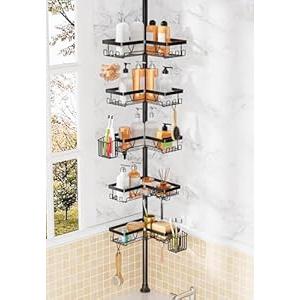 DAOYA Adjustable Tension Pole Shower Caddy, 5-Tier Stainless Steel Shower Shelf Organizer with 2 Movable Toothbrush Holders, 25-115 Inches Extendable Bath Tub Conner Storage Shelf for Family, Black
