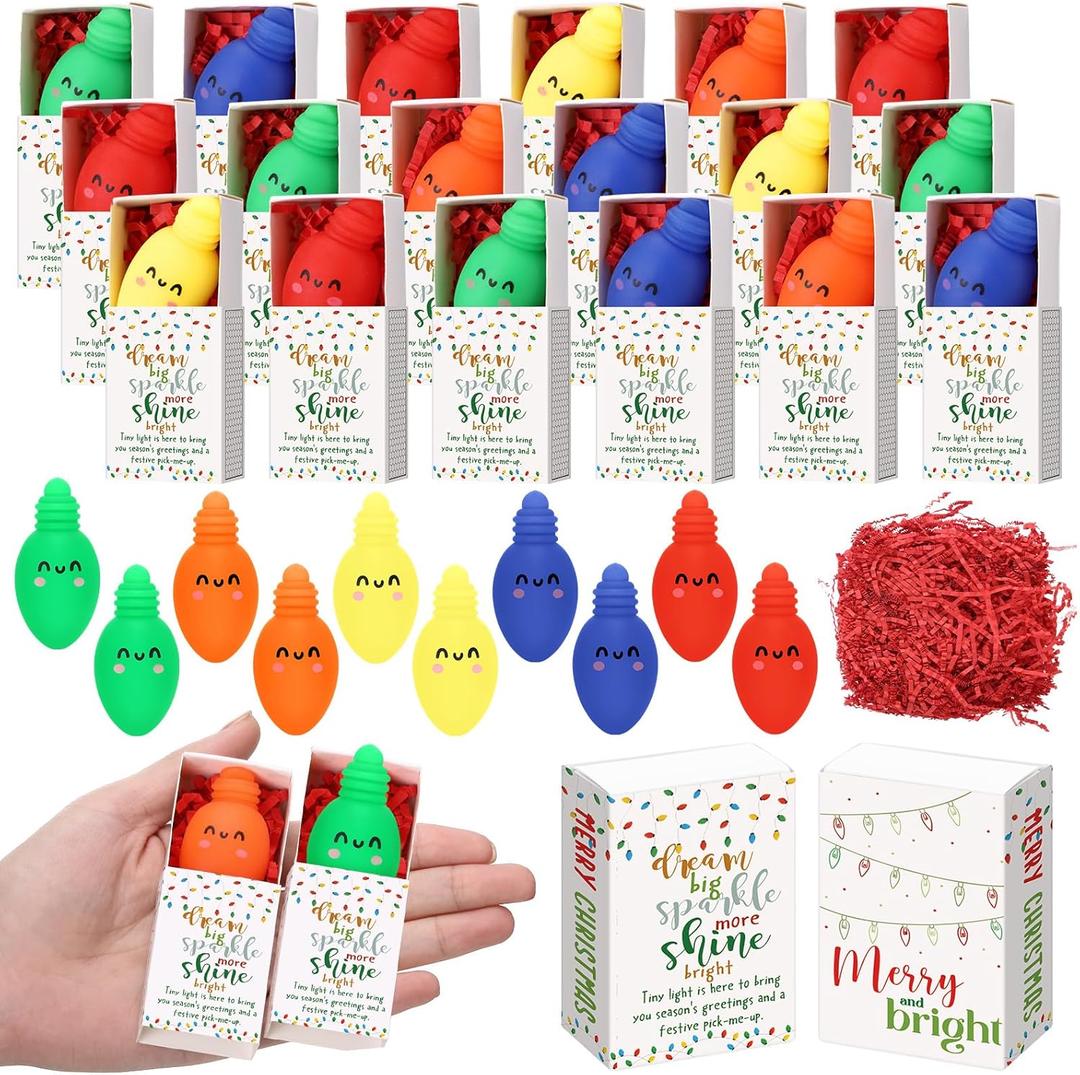 Wettarn 40 Sets Christmas Positive Gifts Light Bulb Stress Balls with Support Gift Boxes Bulk Merry Christmas Party Favors for Employee Coworker Friends Office Relief Toys Stocking Stuffers