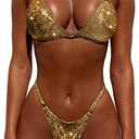 YAUASOPA Women Shiny Bikini Micro Sexy String Two Pieces Swimsuit Female Thong Swimwear, Gold, XL