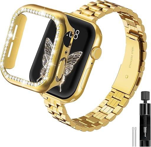 Gold Solid Stainless Steel Metal Band Compatible Apple Watch 46mm 45mm 44mm 42mm 41mm 40mm 38mm, Bling Diamond Case for iwatch Strap Bands for Women & Men Series 11 10 9 8 7 6 5 4 3 2 1 SE