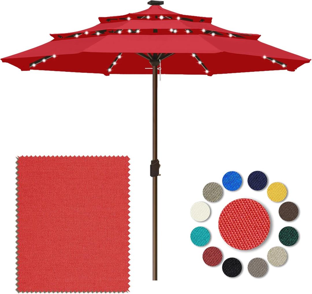 Eurmax USA 10-Year-Non-Fading 10FT 3-Tier Outdoor Patio Market Umbrella with LED Lights,UPF50+ UV Resistant,Commercial Grade,Crank Lift Design,Windproof Vented Top for Garden,Pool,Deck,Logo Red