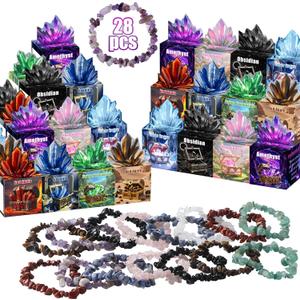 Valentines Day Gem Gifts for Kids, 24 Healing Crystal Bracelets with Treasure Box Cards for School Classroom Class Party Favor, Valentine Rock Crystal Gift Exchange for Boys Girls