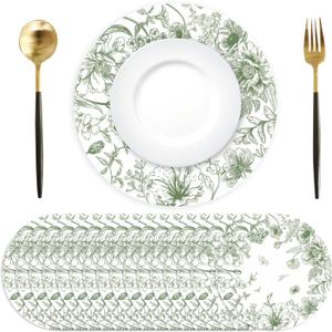 50 Pack Paper Placemats Disposable Green Floral Placemats 13.7 Inch Vintage Sage Green Flower Place Mats Chinoiserie Round Table Mats for Dinner Table Setting Birthday Wedding Party Supplies