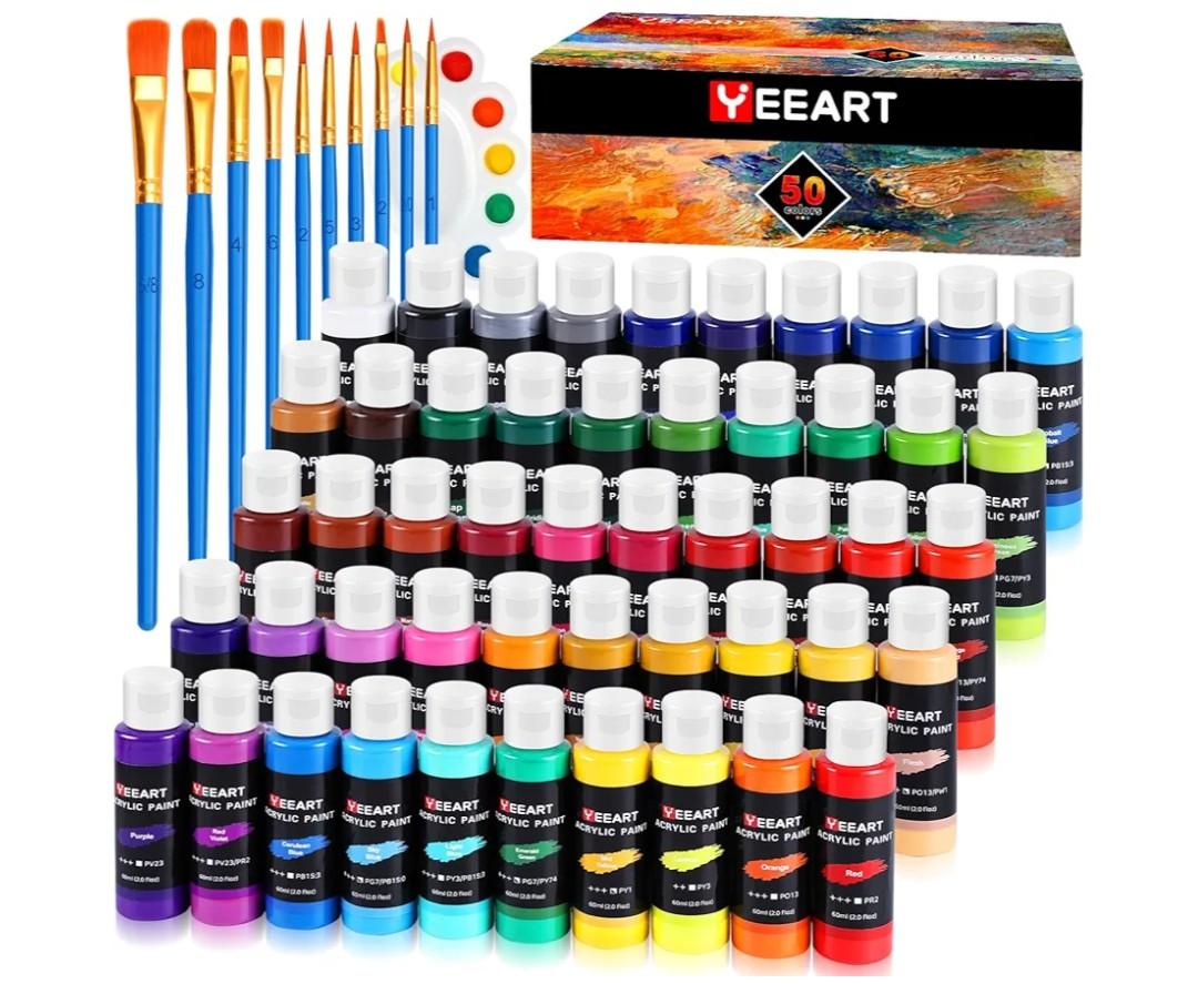 50 Color Acrylic Paint Set, 2oz Bottles, Rich Pigmented Canvas Paint with 10 Brushes &Palette, Professional Art Supplies Kit for Adults & Kids, Non-Toxic, Suitable for Canvas, Rocks, Wood