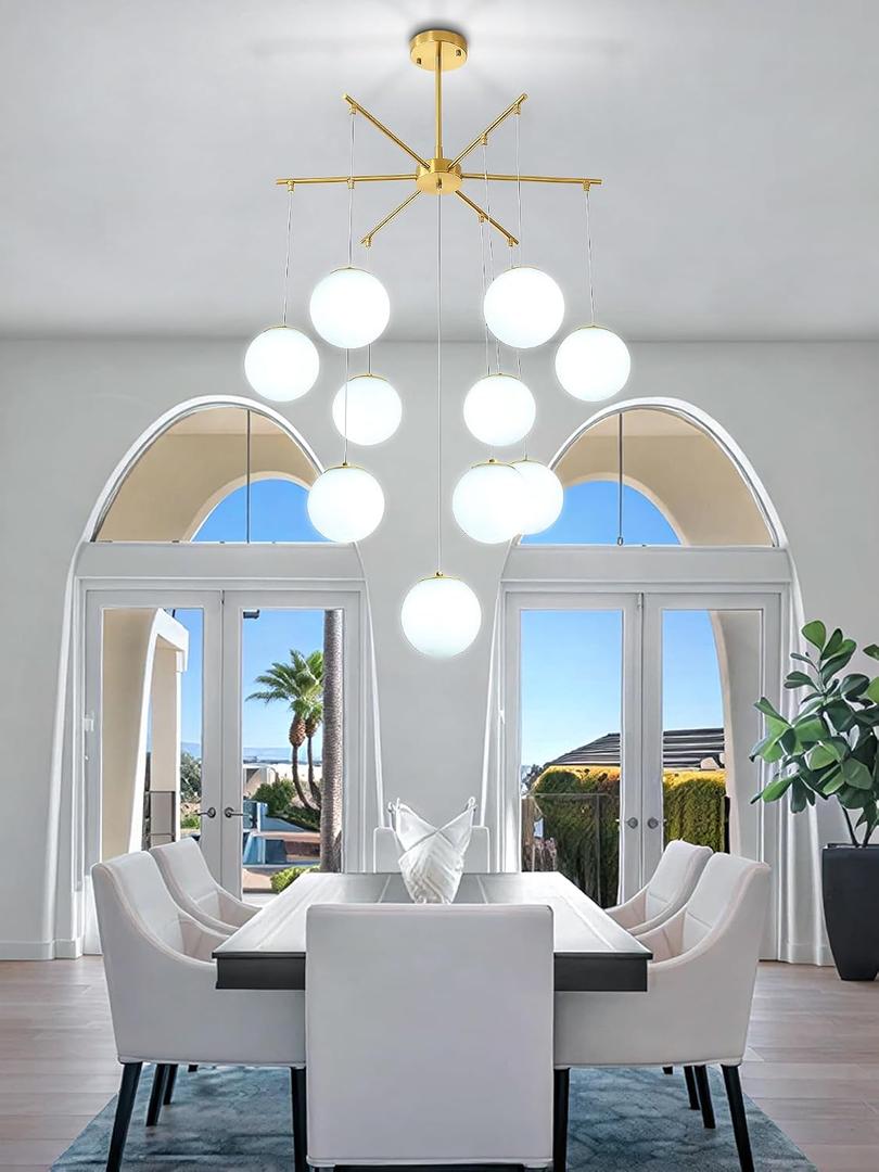 Globe Chandelier 10-Light Brass Gold Globe Glass Chandeliers for Dining Room Mid-Century Pendant Light Fixture for Living Room Kitchen Island Bedroom Entryway