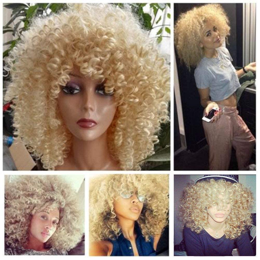 Lady Miranda Blonde Curly Wig Afro Kinky Curly Wigs with Bangs Medium Length Blonde Afro Wig Heat Resistant Synthetic Full Wigs For Women (1 Count (Pack of 1), 0-613#)