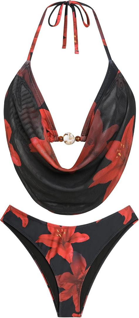 ZAFUL Women's Two Piece Bikini Sets Triangle Halter Swimsuit Deep V Cowl Neck Ruching Bathing Suits XL