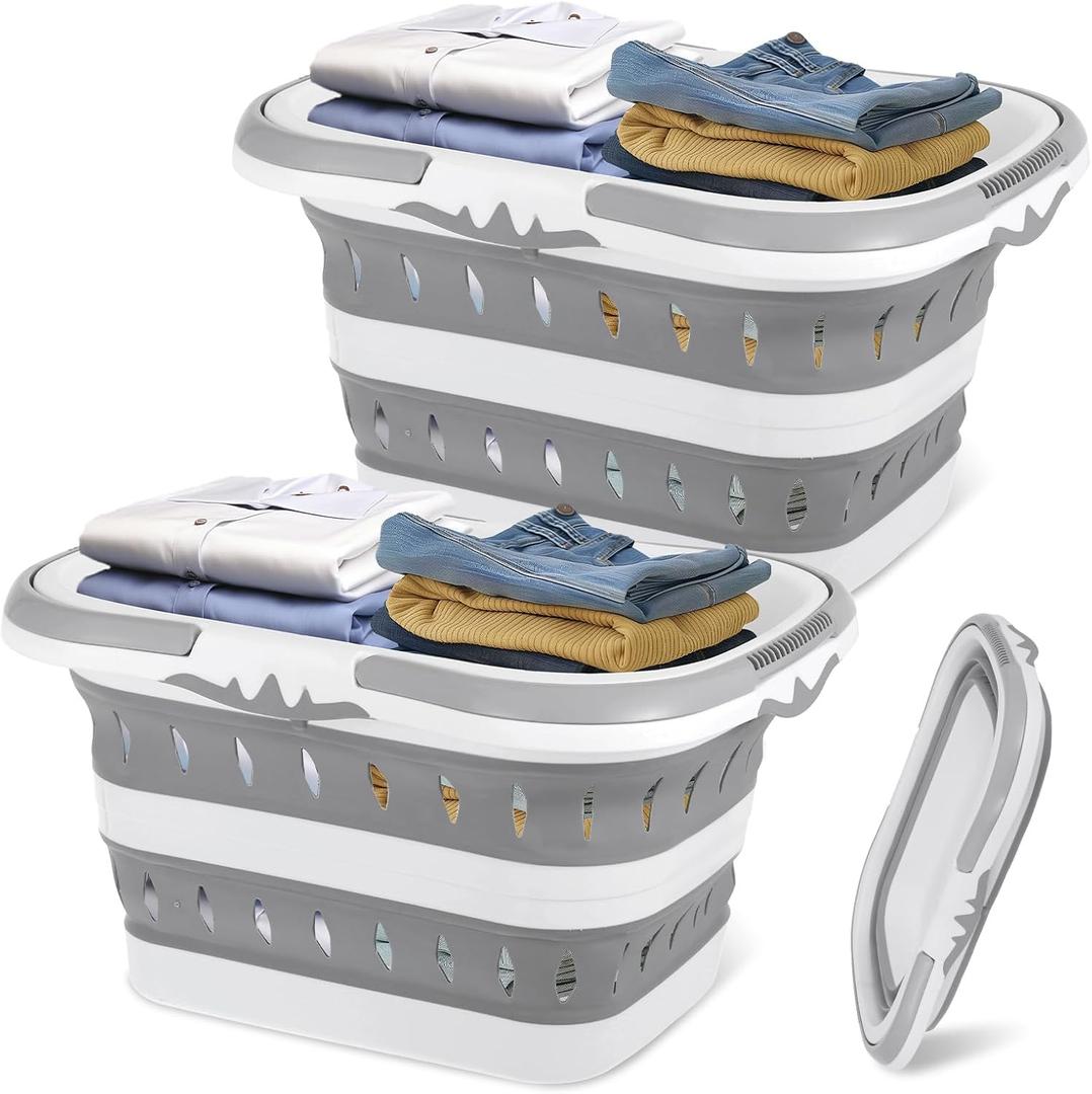 2 Pack Collapsible Laundry Baskets with Comfort Handles, 10.6 Gallon Collapsible Laundry Clothes Hamper Portable Space Saving Pop-Up Laundry Hamper Storage Container, 13.8x7.9x10.8 inches