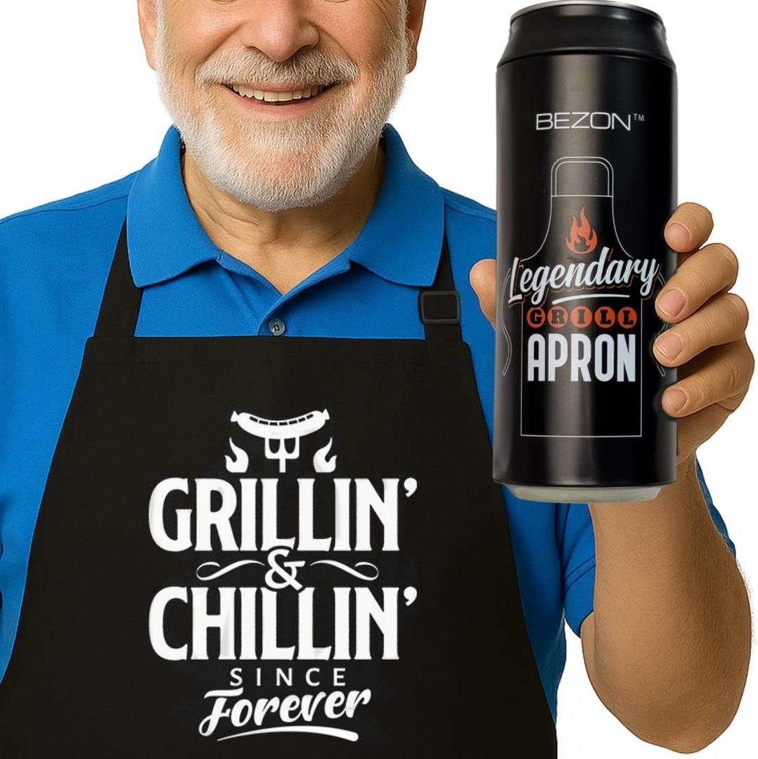 Funny Grill Apron for Men  Beer Can Gift Packaging  Hilarious BBQ Gift for Dad, Husband, or Friend  Heavy-Duty Water-Resistant Canvas  Grillin & Chillin Since Forever