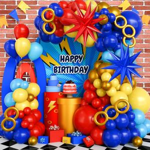 Red Blue Yellow Balloon Arch Kit Cartoon Hedgehog Theme Ballon with Explosion Star Foil Gold Circle Balloon Garland Arch Different Sizes Assorted Color Ballons for Birthday Baby Shower Party Decor