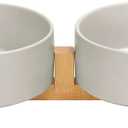 SPUNKYJUNKY Ceramic Dog and Cat Bowl Set with Wooden Stand, Modern Cute Weighted Food Water Bowl Set for Medium to Large Size Dogs (42 OZ, 2  Grey) (5 CUPS)