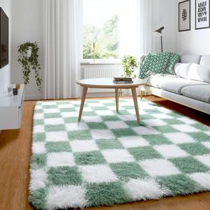 KICMOR Rugs for Bedroom Living Room, 3x5 Fluffy Soft Checkered Shag Area Rug Fuzzy Shaggy Plush Bedside Small Carpet, Sage Green and White Rug for Kids Boys Girls Dorm Nursery Home Decor Aesthetic